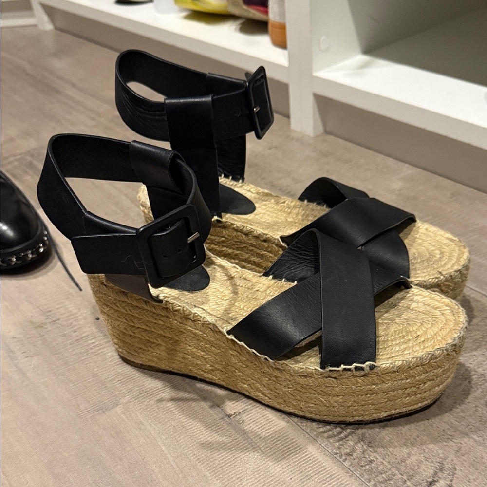 OLD CELINE - Black and Tan Espadrille Wedges